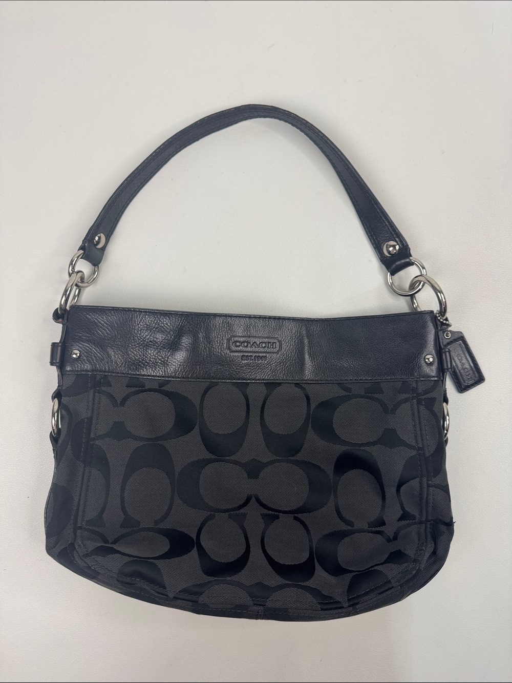 Coach Black Signature C Canvas Shoulder Bag Leather Trim Silver detail Charm tag